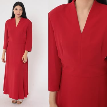 90s Long Red Dress Maxi Dress V Neck Dress Retro Long Sleeve Casual High Waist Full Length Vintage 1990s Small Medium 