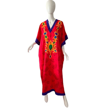 Oscar De La Renta Caftan Dress / Vintage Psychedelic Kimono Dress / Saks Fifth Avenue Novelty Print Jeweled Dress Maxi OS 
