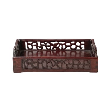 Chinese Brown Rectangular Open Carving Motif Wood Tray ws3292E 