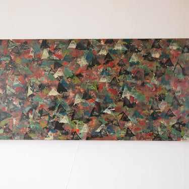 Original Vintage ABSTRACT EXPRESSIONIST PAINTING 17x41" Oil / Canvas Forest Trees Landscape Mid-Century Modern Art green red eames knoll era 