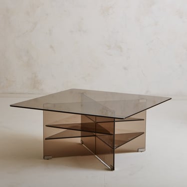 Smoked Glass Coffee Table with X-Base + Shelves, Italy 20th Century