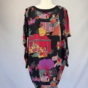 1990s Buddhist Print Dress with Raglan Sleeves 