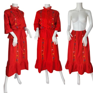 1970's Red Cotton Embroidered Mexican Folk Dress Set I Skirt I Peasant Top I Sz Lrg I Armida's 