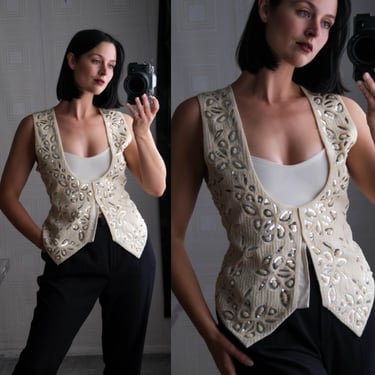 Vintage 90s LIZ CLAIBORNE Ivory Silk Micro Pearl Beaded & Silver Sequined Vest Unworn w/ Tags | 100% Silk | DEADSTOCK | 1990s Designer Vest 