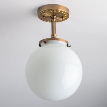 Hand Blown Globe - Cast Brass - Semi Flush Lighting - Heavy Gauge Brass Ceiling Light Fixture - Opal/White Handblown Glass - Historic Design 