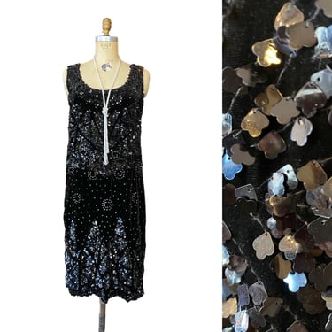 1920s sequin dress, black velvet, vintage flapper dress, size large, peaky blinders, sleeveless shift, 38 