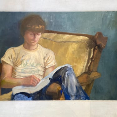 Vintage Man Reading Book Oil Painting, Large Original Art, Large Oil Painting, Seated Young Man Reads Book On 