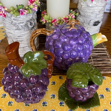 3 Vintage Purple Ceramic Grape Cluster Mixed Set~ Handle Teapot~ Sugar Bowl/ Lidded Jam Jar~ Syrup Carafe/Oil Vinegar Bottle~ Hand Painted 