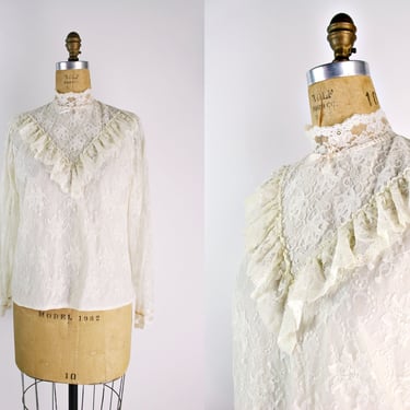 70s Gunne Sax Style Blouse / Romantic Blouse / Ivory Ruffles Blouse / 80s Victorian Blouse / Size S/M 