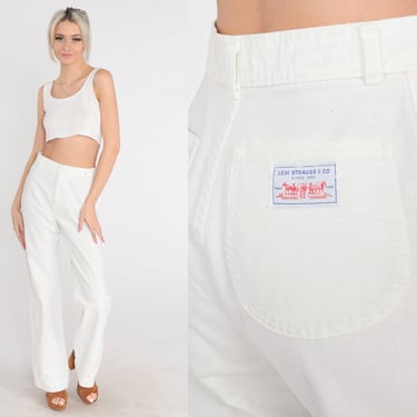 White Levis Trousers 70s 80s Straight Leg Pants High Waisted Rise Wide Leg Trousers Retro Slacks Summer Vintage 1980s Levi Strauss Small 27 