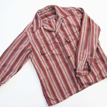Vintage 50s Loop Collar Shirt M - 1950s Striped Cotton Collared Button Up Shirt - Straight Hem - 1950s Mens Clothing 
