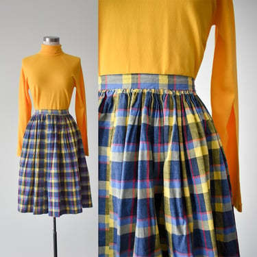 1960s Blue Plaid Cotton Skirt 