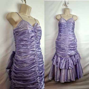 Vintage 80s Lavender Ruched Prom Dress, Size Medium 