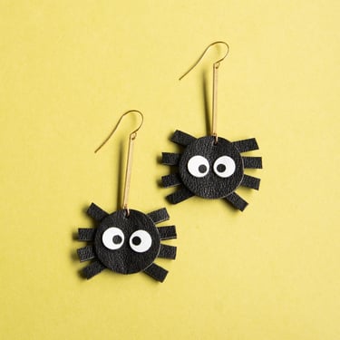 Black Spider Earrings w/ Bubble Eyes and Brass Extenders - Reclaimed Leather Maximalist Earrings 