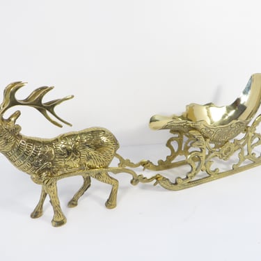 Vintage Brass Reindeer and Sleigh - Brass Christmas Reindeer and Sleigh Figure 