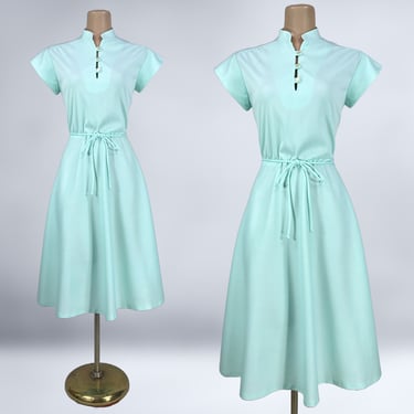 VINTAGE 70s Mint Green Fit N Flare Belted Disco Day Dress Sz 10 | 1970s Polyester Midi Dress Nehru Collar | VFG 