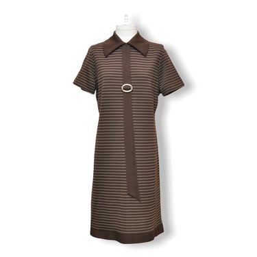 Vintage Mod Short Sleeve Dress with Brown and White Stripes M 60’s/70’s 