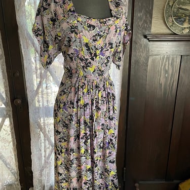 Vintage 1940s Floral Fantasy Cold Rayon Dress - Medium 