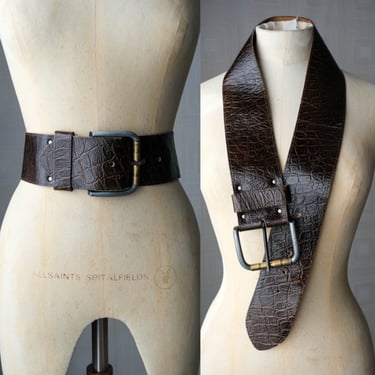 Vintage 80s Gianfranco Ferre Dark Brown Shiny Reptile Embossed Wide Leather Belt w/ Patina Brass Roller Buckle | 1980s 1990s Designer Belt 