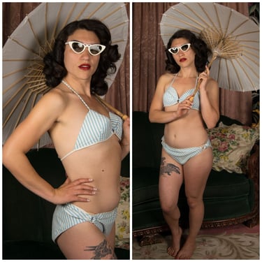 1950s Swimsuit - Rare Unique California Swim & Playwear Cotton Bikini in Blue and White Stripes 