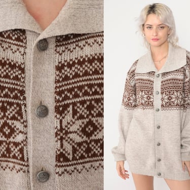 70s Cardigan Sweater Men's Nordic Sweater Oatmeal Fair Isle Boho Hippie Sweater Flecked Button Up 1970s Brown Bohemian Vintage Large L 
