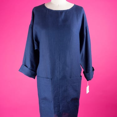 1990s Robert Krugman Navy Blue Linen Sac Dress with 3/4 Length Sleeves and Oversized Pockets NWT 