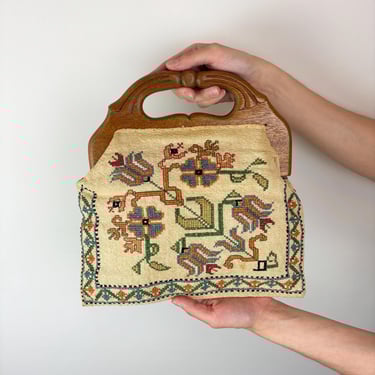 Vintage 30s Greek Embroidered Handbag Wooden Handles Near East Industries Athens Greece 