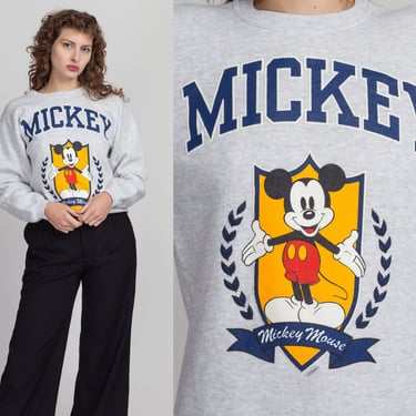 90s Mickey Mouse Collegiate Sweatshirt - Men's Small, Women's Medium | Vintage Heather Gray Long Sleeve Disney Cartoon Pullover 