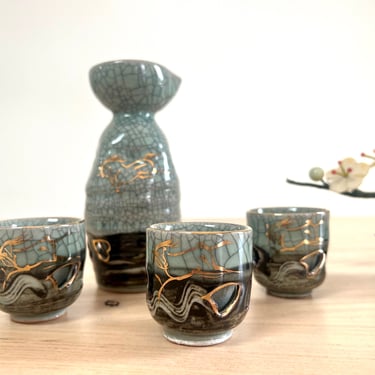 Vintage Somayaki Sake Set, Otagiri Somayaki 1960s Japan, Gold Horse 