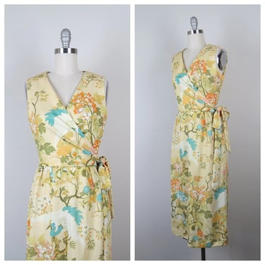 Vintage 1970s wrap dress, heron print, Leslie Fay, xs 