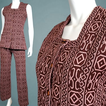 Mod 2 piece set 1960s liesure pantsuit midcentury design poly fabric unique button-down vest slim kick flares Twiggy gogo (modern 4) 