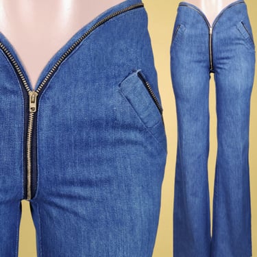 Sexy 1970s zipper jeans deadstock with tags VICEROY Carpetbaggers indigo curvy bell bottoms unique collectors iconic novelty (28) 