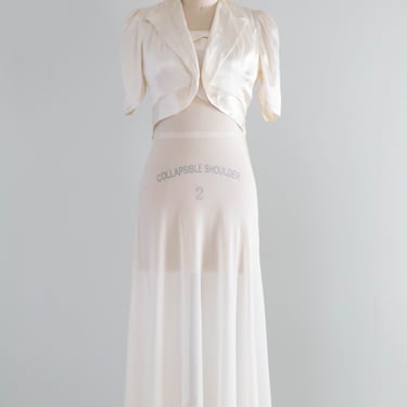 Old Hollywood Glamour 1930's Ivory Chiffon Bias Cut Evening Gown & Jacket / XS