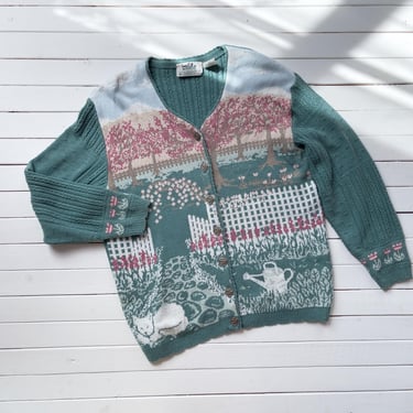 cottagecore sweater 90s vintage Northern Reflections English garden green cat cardigan 