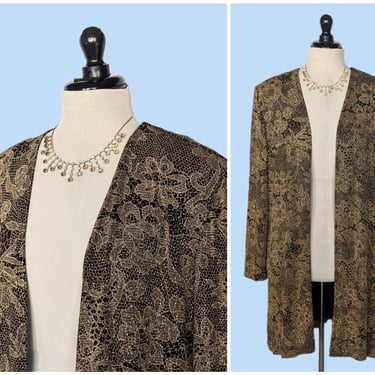 Vintage 80s Metallic Gold and Black Long Cardigan, 1980s Gold Floral Jacket 