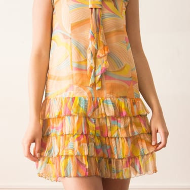 1960s Jean Muir Art Deco Silk Chiffon Mini Dress 