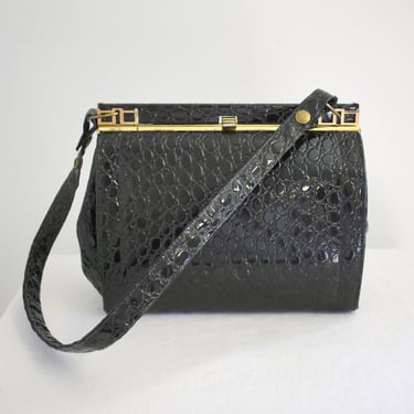 1950s Black Faux Alligator Patent Vinyl Handbag 