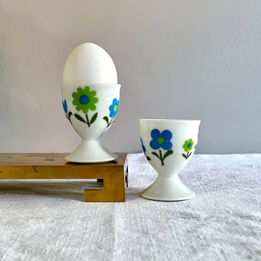 Vintage Pair of Porcelain China Egg Cups, Mod Blue and Green Flowers - Mid Century, Breakfast Table, Cottagecore, Turquoise Lime Olive 