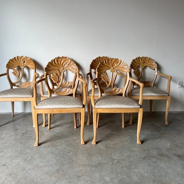Phyllis Morris Style Carved Floral Backs Arm Dining Chairs - Set of 6 