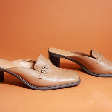 90s Dark Tan Slip On Loafers Vintage Minimal Y2K Strap Heels 