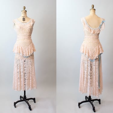 1930s PEACH LACE blue ribbon gown WEDDING dress xs | new spring 