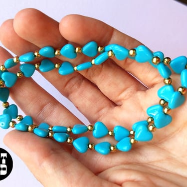 Super Cute Vintage 80s Turquoise Colored Hearts Beaded Necklace 