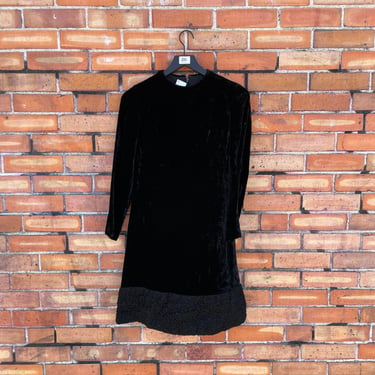 vintage 60s black velvet persian lamb trim shift dress / xs extra small 