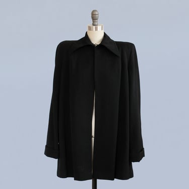1940s Coat / 40s Cropped Swing Jacket / Inky Black Gabardine / Pointed Collar / Broad Shoulders 