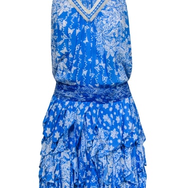 Poupette St Barth - Blue & White Floral & Butterfly Print Drop Waist Dress Sz S
