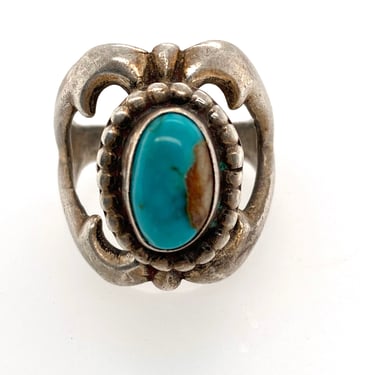 Vintage Navajo Artisan Sandcast Turquoise & Sterling Silver Ring Sz 7.75 Unique 
