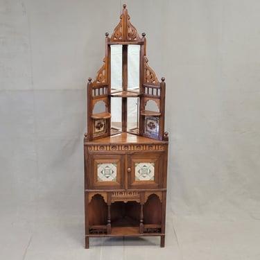 Antique British Colonial Corner Shelf Cabinet With Tiles