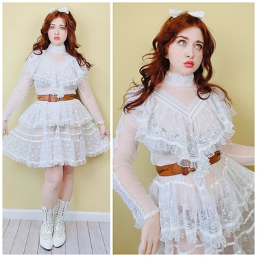 1980s Vintage White Lace Sheer Victorian Dress / 80s Cupcake Ruffled Prairie Mini Dress / Large - XL 