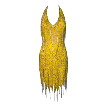 1990's Does 1970's Yellow Beaded Fringe Halter Dress, New/Old