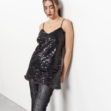 BLACK SEQUIN MINI Slip Dress Vintage Camisole Spaghetti Straps Holiday Party NyE / Large 